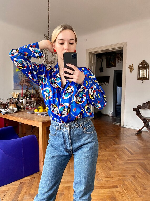 Vintage Blue Silk Blouse Mickey Mouse 