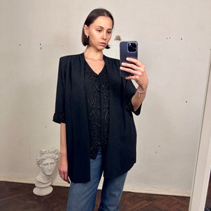 Vintage Black Oversized Embellished Blouse,  V-Neck Short Sleeve Embroidered Top