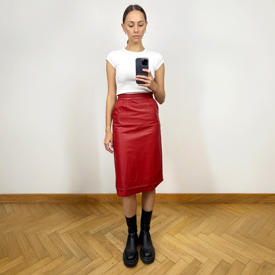 Vintage Red Leather Skirt, High Waist Red Leather Midi Pencil Skirt