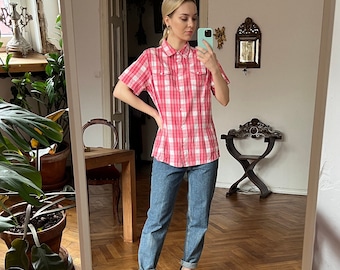 Vintage Red Plaid Blouse, Short Sleeve Cotton Shirt