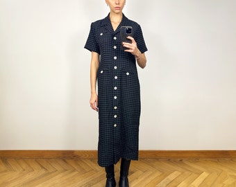 Vintage Navy Blue Plaid Long Pencil Dress, Short Sleeve Dress with Mother of pearl buttons