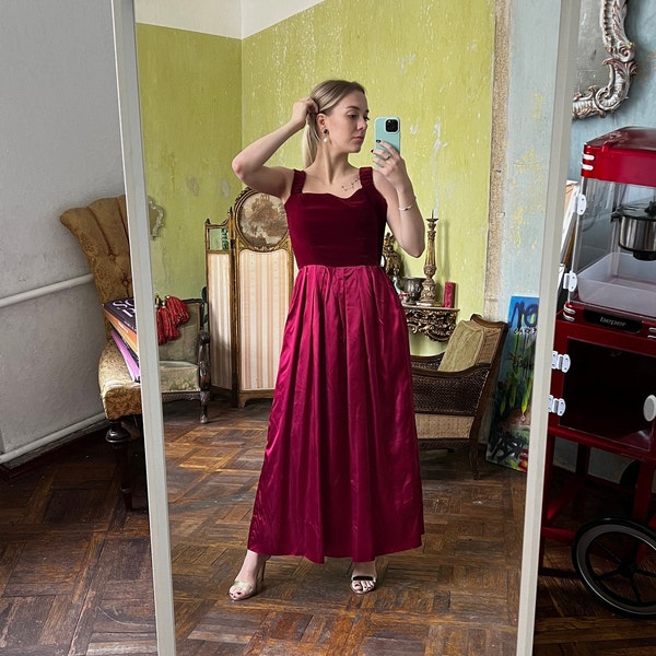 Vintage Burgundy Sleeveless Velvet Long Dress, Satin Maxi Dress