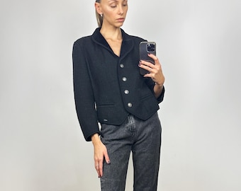 Blazer elegante vintage de lana negra, chaqueta corta para mujer