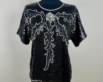 Vintage Silk Black Embellished Sequin Blouse, Silk Beaded Top