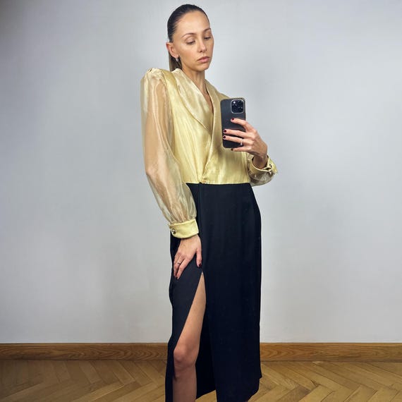 Robe mi-longue noire en organza à manches longues vintage, robe