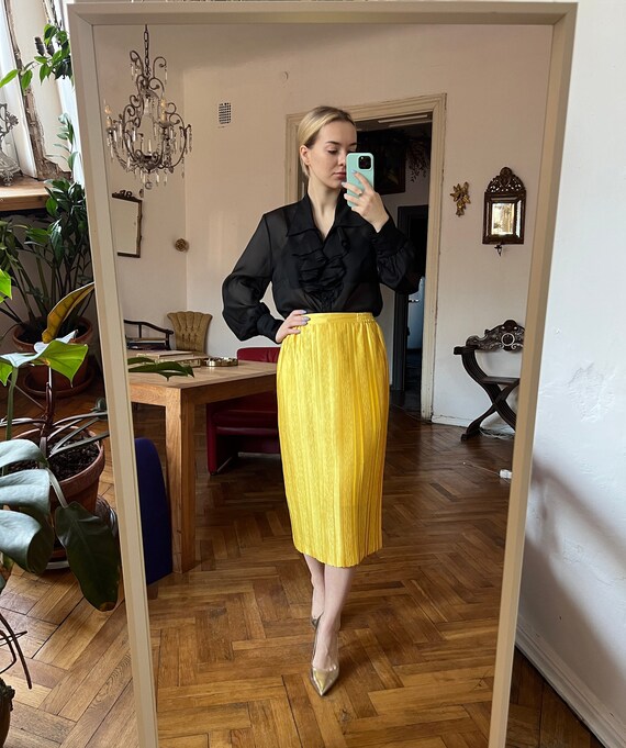 Vintage Yellow Silky Midi Skirt High Waist Midi Skirt