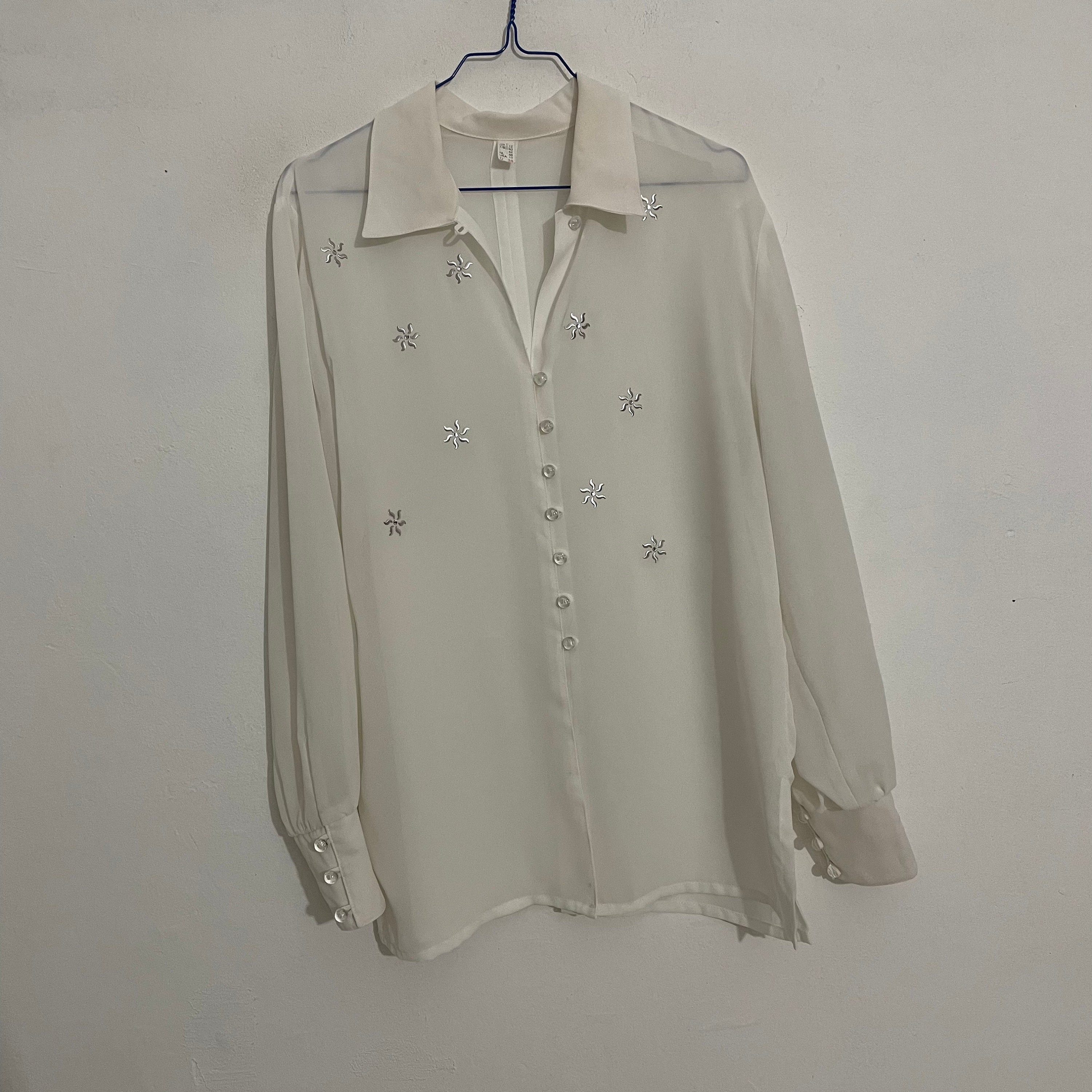 Vintage White Semi-sheer Blouse, Long Sleeve Chiffon Shirt Vintage White Semi-sheer Blouse, Long Sleeve Chiffon Shirt