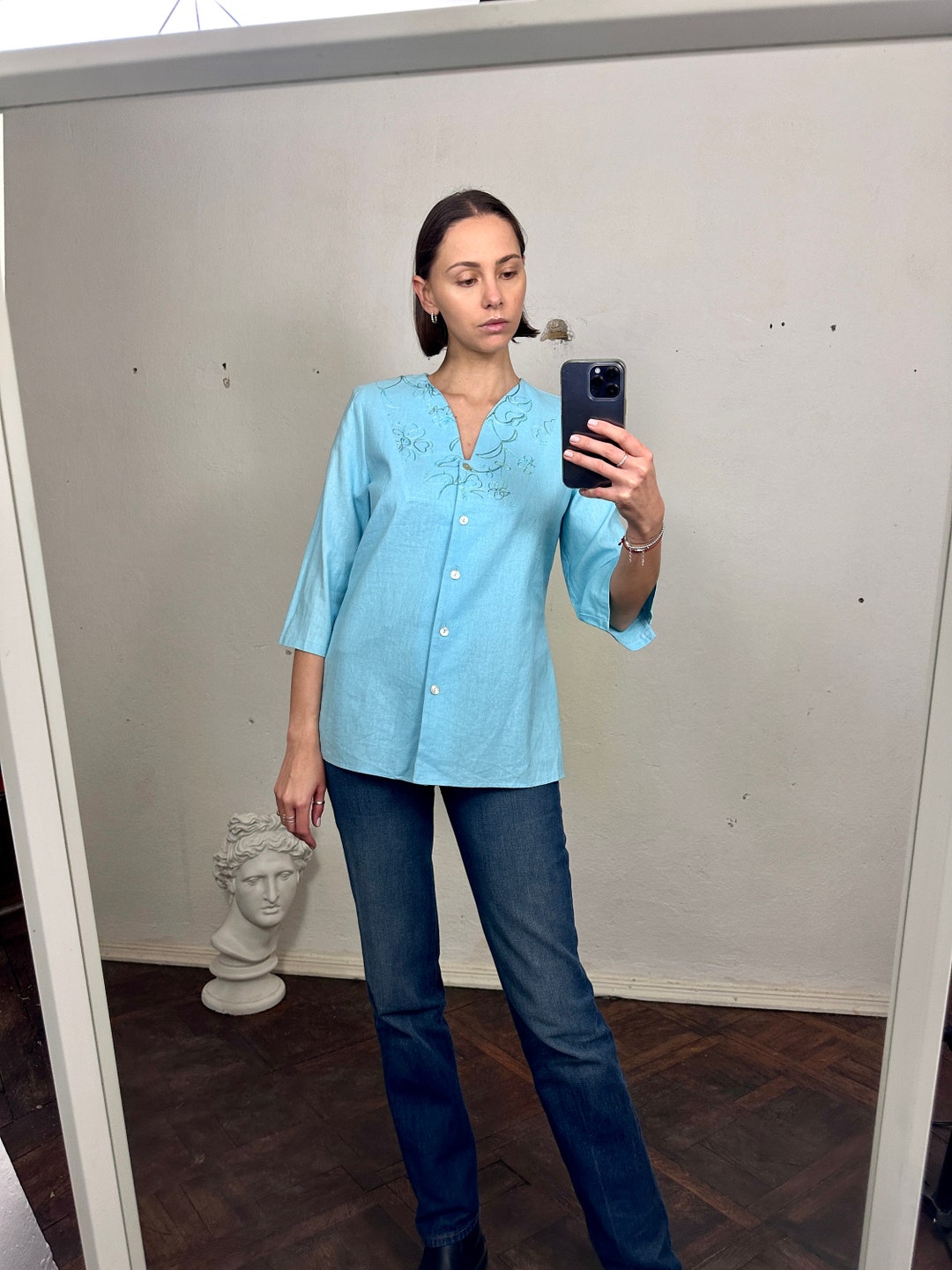 Vintage Blue Embroidered Linen Top Summer main image 0