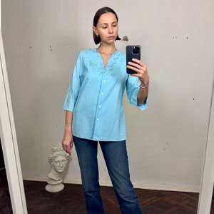 Vintage Light Blue Linen Blouse, Linen Embroidered Shirt with Mother of pearl buttons