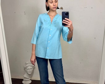 Vintage Light Blue Linen Blouse, Linen Embroidered Shirt with Mother of pearl buttons
