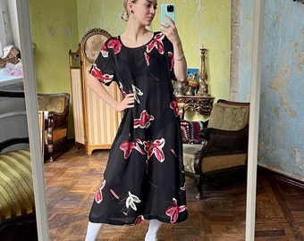 Vintage Black Floral Short Sleeve Sheer Midi Dress, Sheer Long Summer Dress