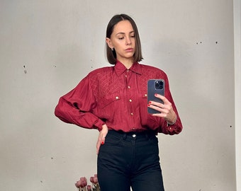 Vintage Red Silk Blouse, Long Sleeve Silk Shirt