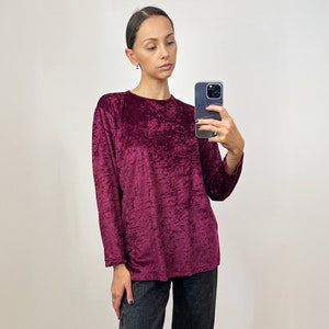 Vintage Burgundy Velvet Blouse, Velvet Long Sleeve Top