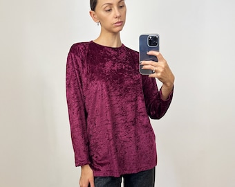 Vintage Burgundy Velvet Blouse, Velvet Long Sleeve Top
