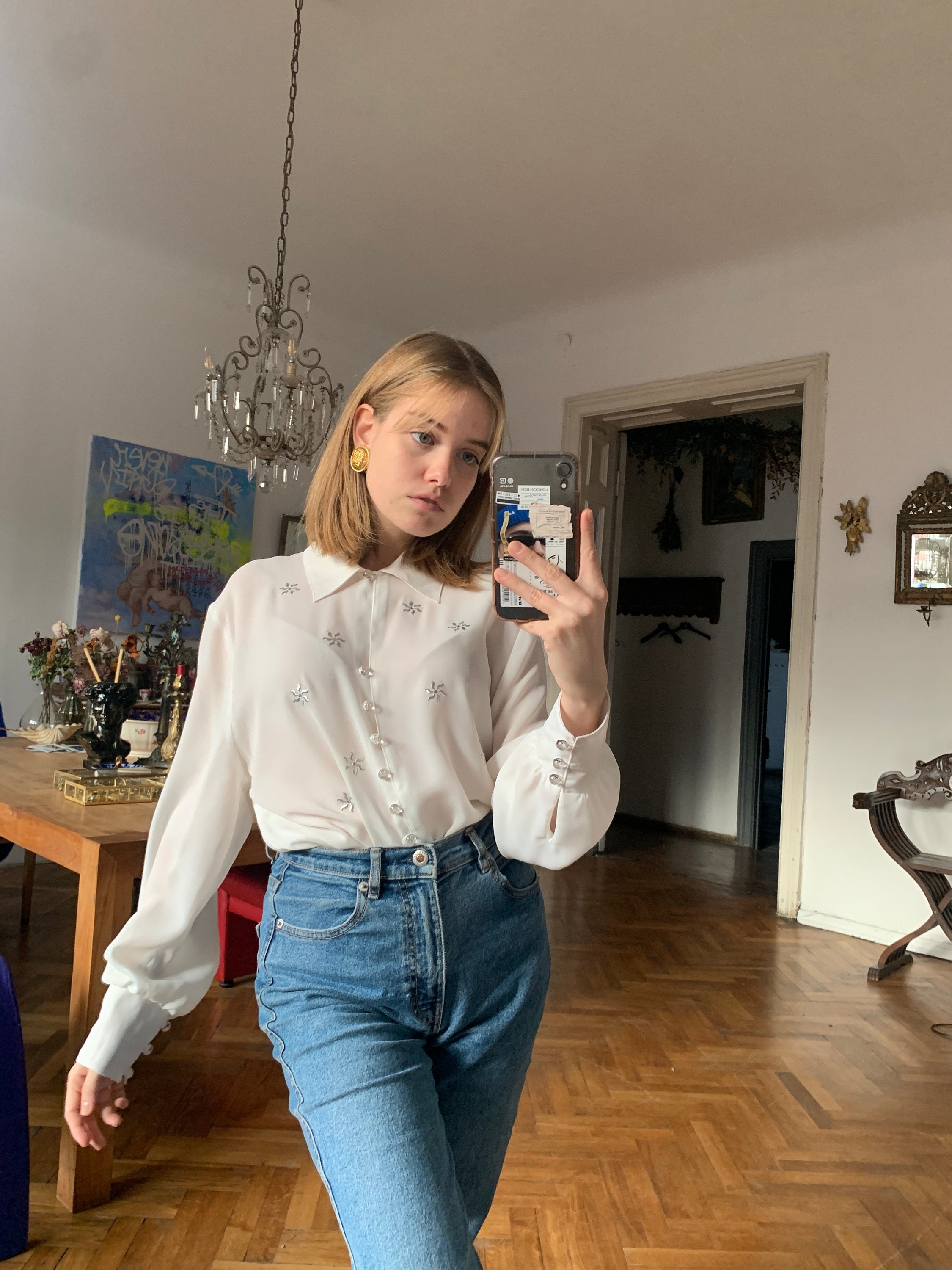 Vintage White Semi-sheer Blouse, Long Sleeve Chiffon Shirt Vintage White Semi-sheer Blouse, Long Sleeve Chiffon Shirt