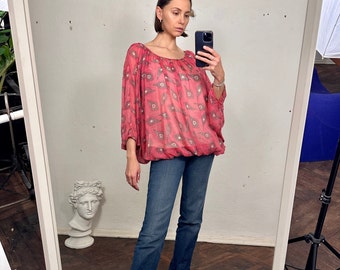 Vintage Pink Oversized Floral Blouse, Puff Sleeve Semi-Sheer Top