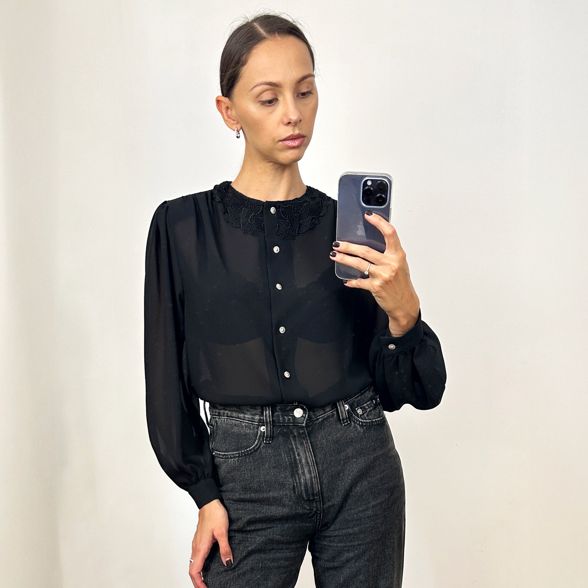 Black sheer embroidered top sale