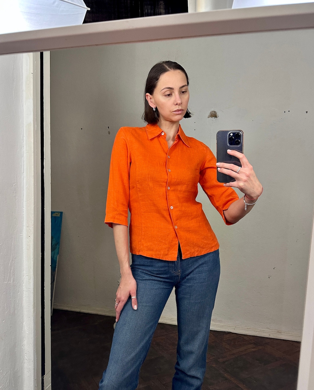 Vintage linen orange stripe sleeveless button down top m/l ... ^^^