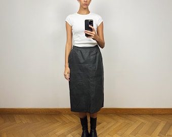 Vintage Grey Leather Midi Skirt, High Waist Leather Skirt
