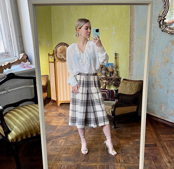 Vintage ESCADA  Midi Skirt, Beige Plaid Wool Desi… - image 3