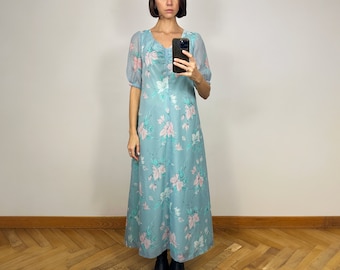 Vestido largo floral blanco de gasa azul claro vintage, vestido de manga corta de los años 70
