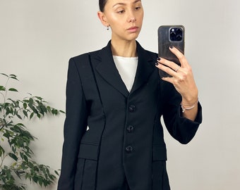 Blazer elegante vintage in lana nera, giacca da donna di classe