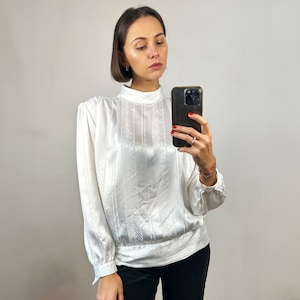 Vintage White Silky Puff Sleeve Blouse, White Satin Top