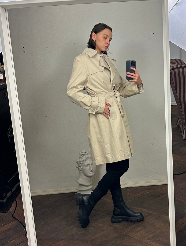 Vintage Beige Trench Coat, Light Cotton Coat, Midi Trench Coat with Tie Waist image 3