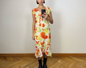 Vintage Chiffon White Floral Midi Dress, Sleeveless Ruffle Summer Dress
