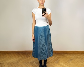 Vintage Blue A-Line Silk Midi Skirt, High Waist Silk Floral Skirt