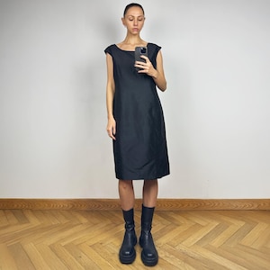 Vintage Black Silk Midi Dress, Large Size Silk Pencil Sleeveless Dress