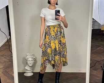 Vintage Floral A-Line Midi Skirt, High Waist Chiffon Skirt