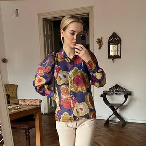 Vintage Floral Semi-Sheer Silky Blouse, Sheer Floral Shirt