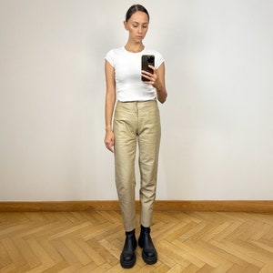 Vintage Beige Leather Pants, High Waisted pants, Women&#39;s Leather pants