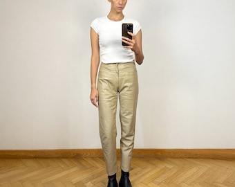 Pantalon en cuir beige vintage, Pantalon taille haute, Pantalon en cuir pour femme