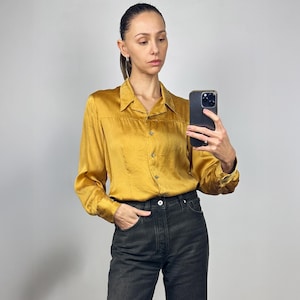 Vintage Gold Silk Blouse, Long Sleeve Silk Top with Mother of Pearl Buttons