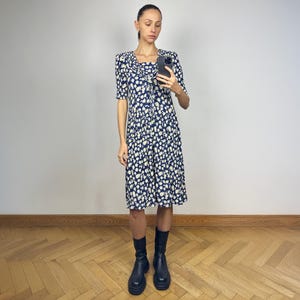 Vintage Blue Floral Short Sleeve Midi Dress, Summer Dress