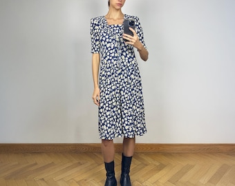 Vintage Blue Floral Short Sleeve Midi Dress, Summer Dress