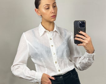 Vintage White Blouse, Long Sleeve Top with Mother of Pearl Buttons