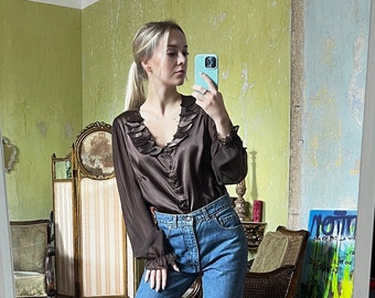 Vintage Brown Satin Blouse, V-Neck Long Sleeve Silky Top