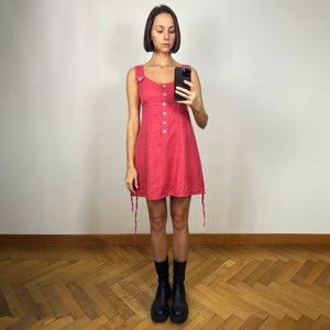 Vintage Pink Linen Mini Dress, Sleeveless Summer Midi Dress with Mother of pearl buttons