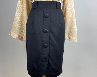 Spódnica ołówkowa midi z czarnej wełny w stylu vintage, elegancka, klasyczna spódnica z wełny
