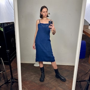 Vintage Blue Embellished Sleeveless Midi Dress, Designer Midi Dress