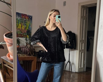 Vintage Black Velvet Blouse, Half Sleeve Velour Top