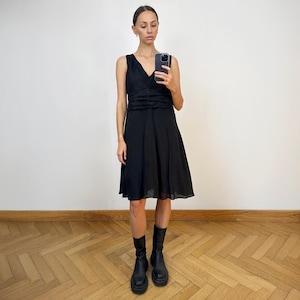 Vintage Black Silk Sleeveless Midi Dress, Small Black Silk Dress