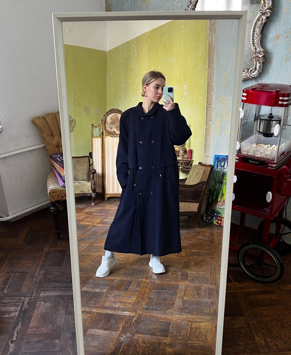 Vintage Navy Blue Wool Overcoat , Long Oversized … - image 1