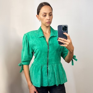 Vintage Green Suede Leather Jacket, Short Sleeve Crop Leather Blazer