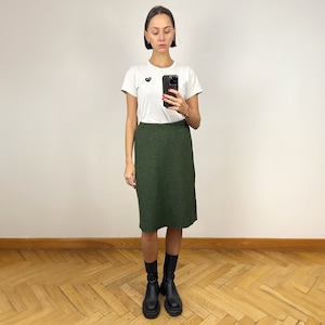 Vintage Green Marimekko Wool Pencil Midi Skirt, Designer High Waist Knit Skirt