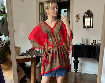 Vintage Rote Semi-Seer Puff Tasche Bluse, Chiffon Sheer Long Top