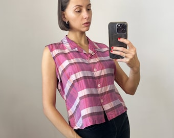 Blusa de seda a cuadros rosa vintage, top con botones de seda sin mangas